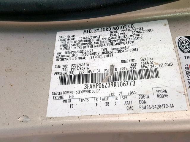 3FAHP06Z39R106773 - 2009 FORD FUSION S TAN photo 10