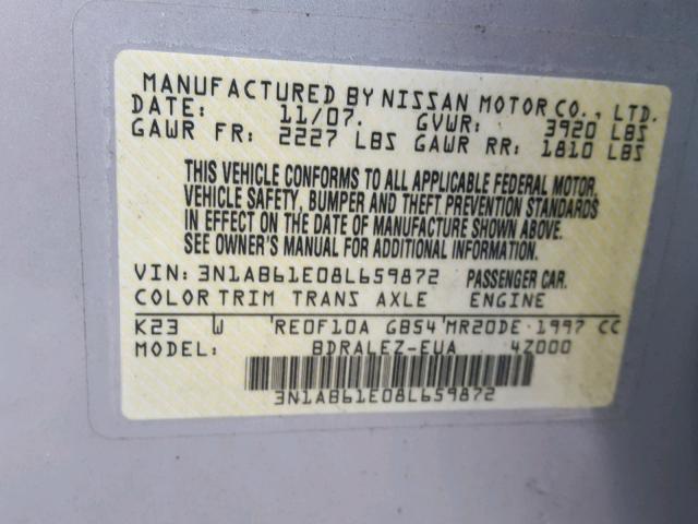 3N1AB61E08L659872 - 2008 NISSAN SENTRA 2.0 SILVER photo 10