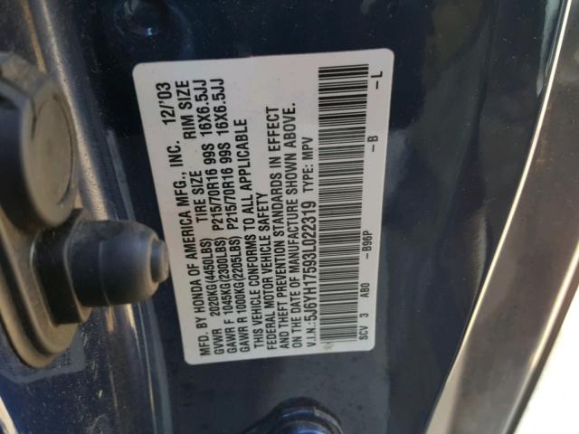 5J6YH17593L022319 - 2003 HONDA ELEMENT EX BLUE photo 10