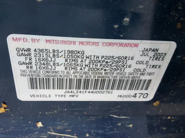 JA4LZ41F44U002761 - 2004 MITSUBISHI OUTLANDER BLUE photo 10