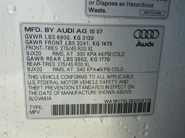 WA1BV74L38D026176 - 2008 AUDI Q7 4.2 QUA SILVER photo 10