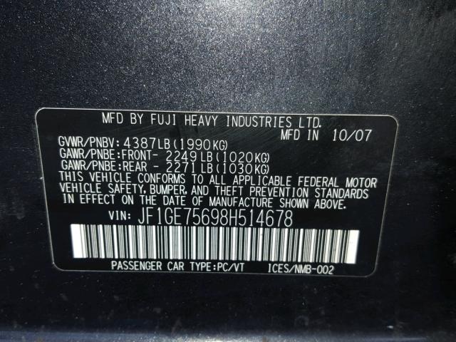 JF1GE75698H514678 - 2008 SUBARU IMPREZA WR GRAY photo 10