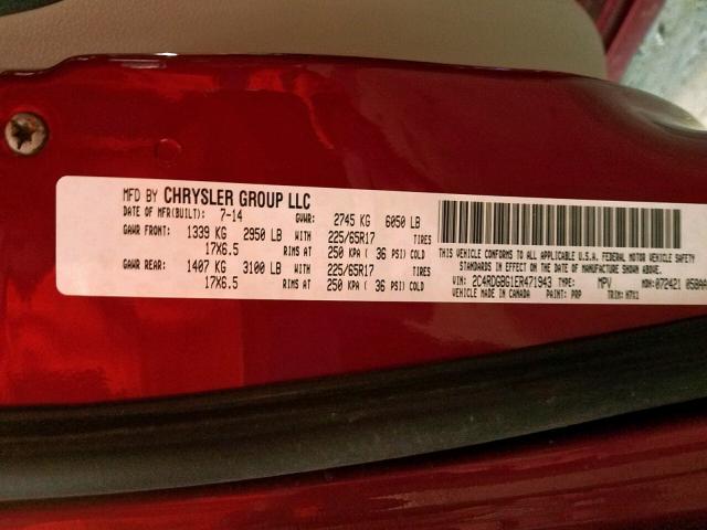 2C4RDGBG1ER471943 - 2014 DODGE GRAND CARA BURGUNDY photo 10