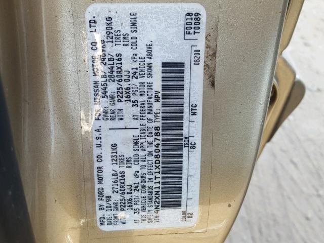 4N2XN11T1XD804788 - 1999 NISSAN QUEST SE BEIGE photo 10