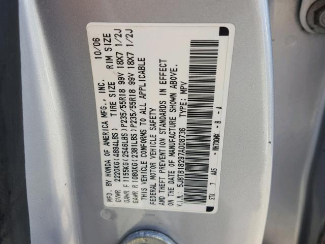 5J8TB18297A008736 - 2007 ACURA RDX SILVER photo 10