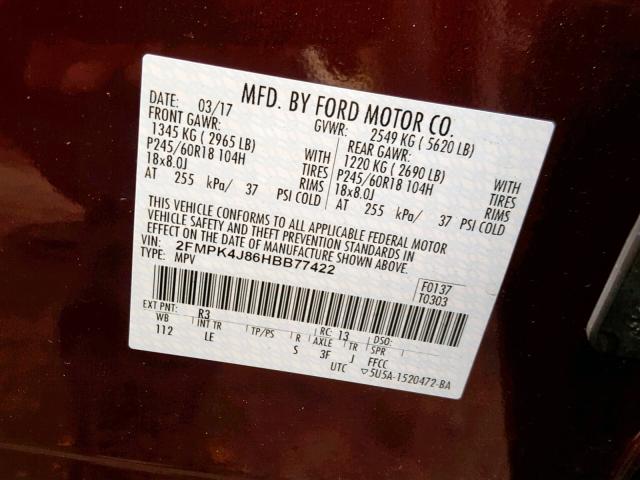 2FMPK4J86HBB77422 - 2017 FORD EDGE SEL RED photo 10