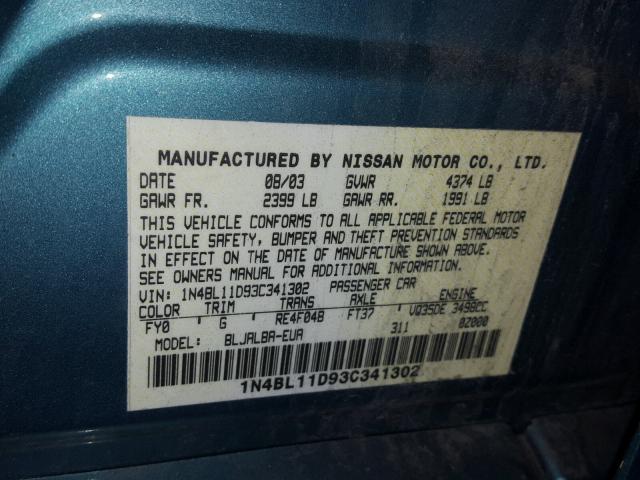 1N4BL11D93C341302 - 2003 NISSAN ALTIMA SE GREEN photo 10