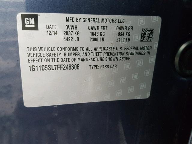 1G11C5SL7FF248308 - 2015 CHEVROLET MALIBU 1LT 蓝色 照片 10