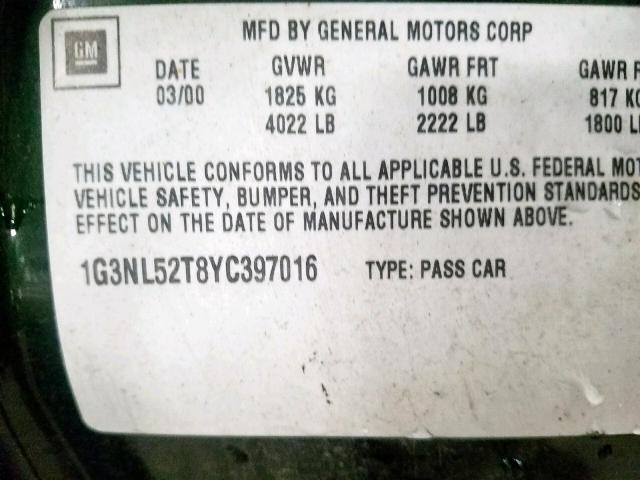 1G3NL52T8YC397016 - 2000 OLDSMOBILE ALERO GL GREEN photo 10