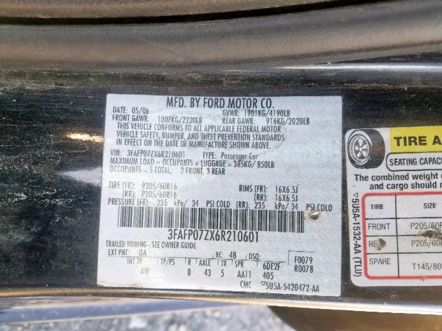 3FAFP07ZX6R210601 - 2006 FORD FUSION SE BLACK photo 10