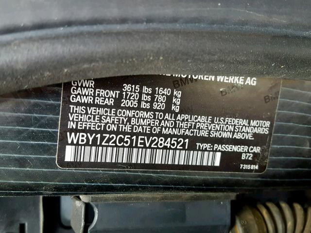 WBY1Z2C51EV284521 - 2014 BMW I3 BEV SILVER photo 10