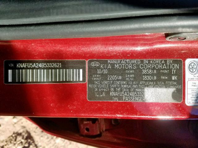 KNAFU5A24B5332621 - 2011 KIA FORTE EX RED photo 10