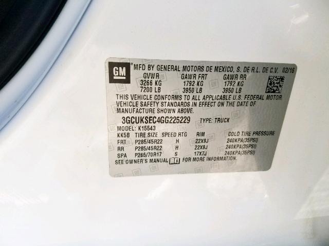 3GCUKSEC4GG225229 - 2016 CHEVROLET SILVERADO WHITE photo 10