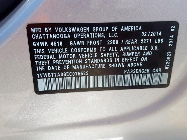 1VWBT7A33EC075523 - 2014 VOLKSWAGEN PASSAT SE SILVER photo 10