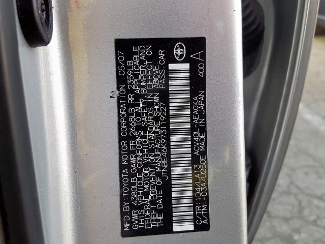 JTNBE46K973119227 - 2007 TOYOTA CAMRY CE SILVER photo 10