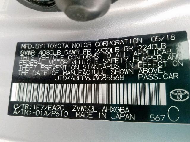 JTDKARFP6J3085568 - 2018 TOYOTA PRIUS PRIM 银色 照片 10