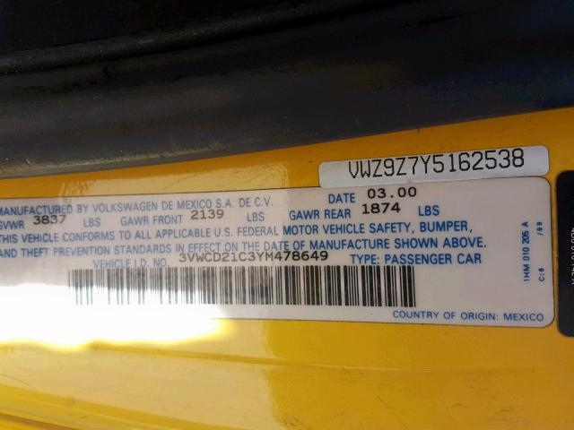 3VWCD21C3YM478649 - 2000 VOLKSWAGEN NEW BEETLE ყვითელი ფოტო 10