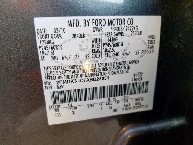 2FMDK3JC7ABB25031 - 2010 FORD EDGE SEL CHARCOAL photo 10