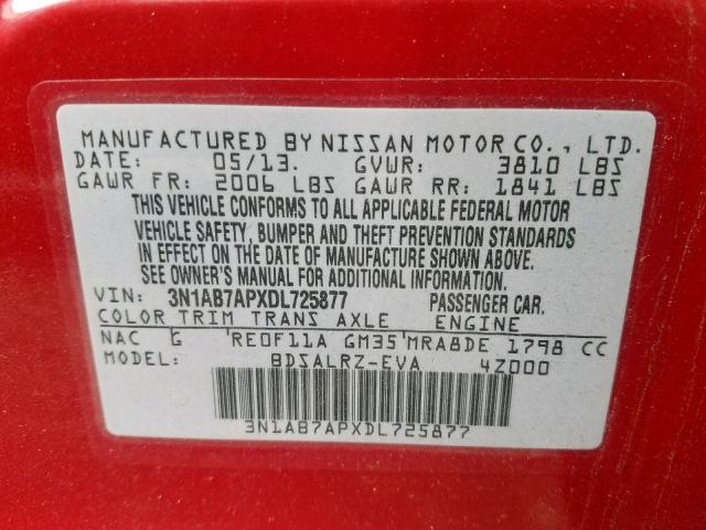 3N1AB7APXDL725877 - 2013 NISSAN SENTRA S RED photo 10