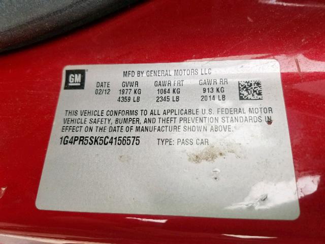 1G4PR5SK5C4156575 - 2012 BUICK VERANO CON RED photo 10