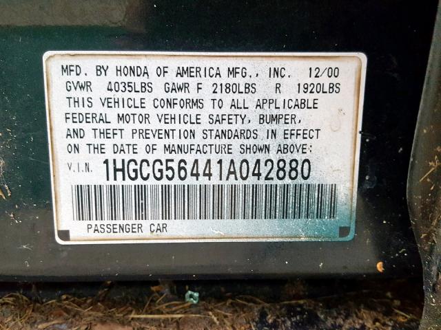 1HGCG56441A042880 - 2001 HONDA ACCORD LX GREEN photo 10