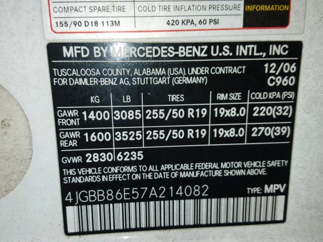 4JGBB86E57A214082 - 2007 MERCEDES-BENZ ML 350 WHITE photo 10