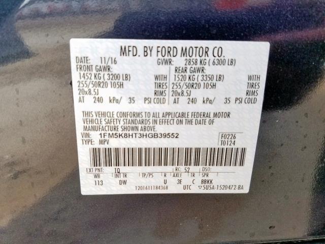 1FM5K8HT3HGB39552 - 2017 FORD EXPLORER P BLACK photo 10