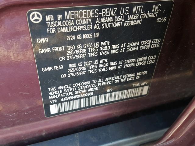 4JGAB54E0XA102965 - 1999 MERCEDES-BENZ ML 320 MAROON photo 10