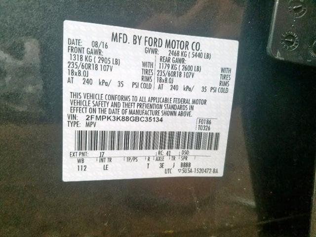 2FMPK3K88GBC35134 - 2016 FORD EDGE TITAN GRAY photo 10