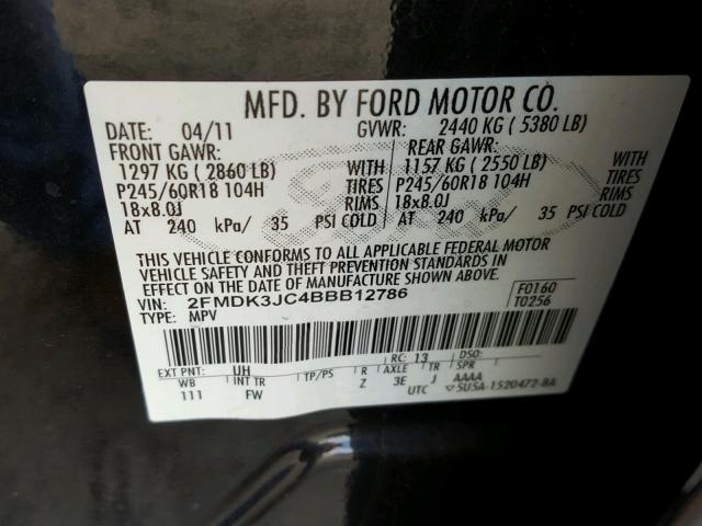 2FMDK3JC4BBB12786 - 2011 FORD EDGE SEL BLACK photo 10