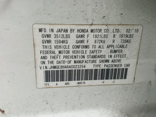 JHMGE8H46AC023254 - 2010 HONDA FIT SPORT WHITE photo 10