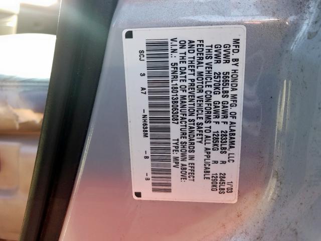 5FNRL18013B063087 - 2003 HONDA ODYSSEY EX GRAY photo 10