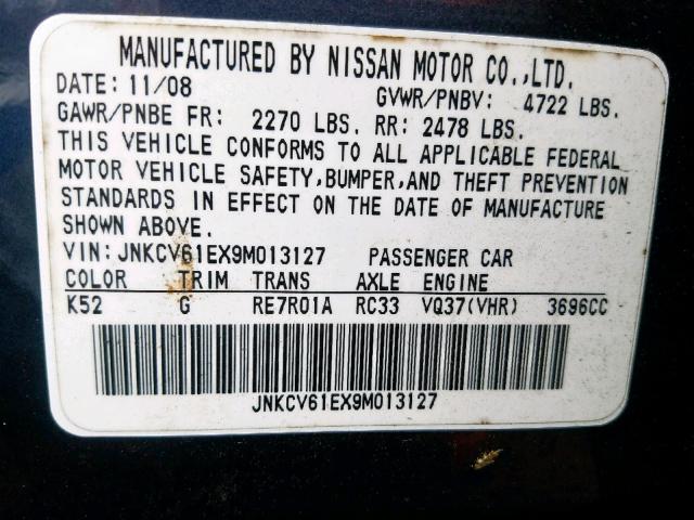 JNKCV61EX9M013127 - 2009 INFINITI G37 BASE GRAY photo 10