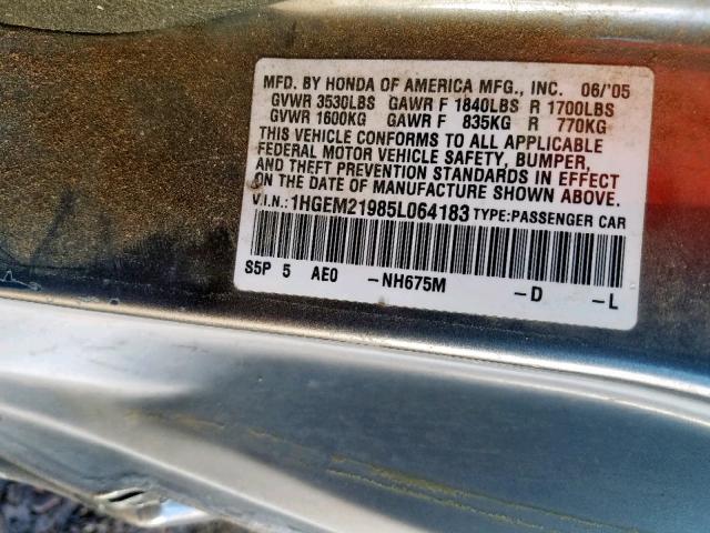 1HGEM21985L064183 - 2005 HONDA CIVIC EX GRAY photo 10