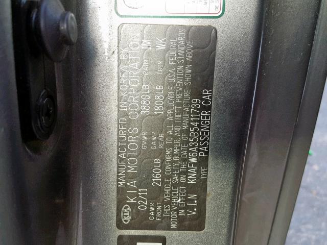 KNAFW6A35B5411739 - 2011 KIA FORTE SX GRAY photo 10