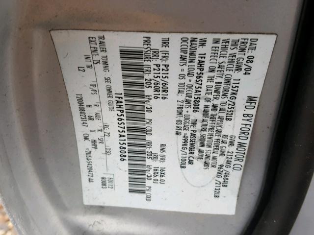 1FAHP56S75A158086 - 2005 FORD TAURUS SEL SILVER photo 10