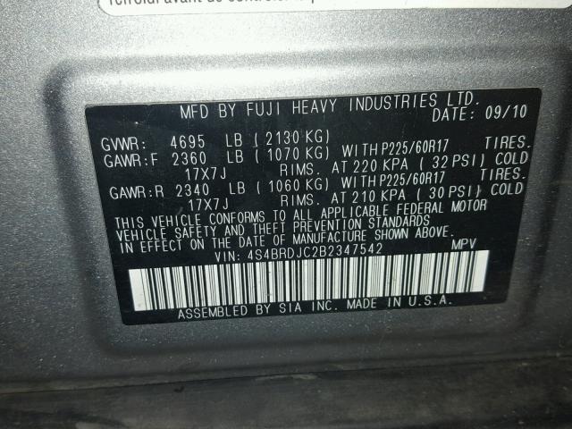 4S4BRDJC2B2347542 - 2011 SUBARU OUTBACK 3. SILVER photo 10