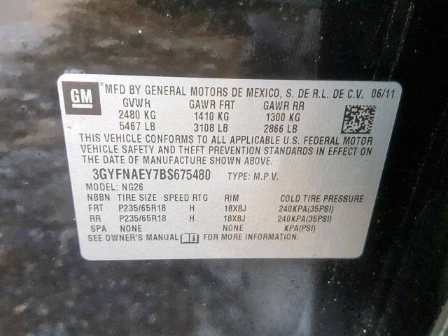 3GYFNAEY7BS675480 - 2011 CADILLAC SRX LUXURY BLACK photo 10