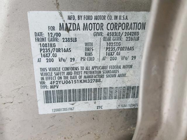 4F2YU06151KM32788 - 2001 MAZDA TRIBUTE DX 棕色 照片 10