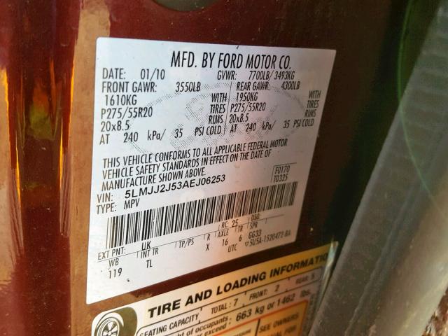 5LMJJ2J53AEJ06253 - 2010 LINCOLN NAVIGATOR 勃艮第红 照片 10