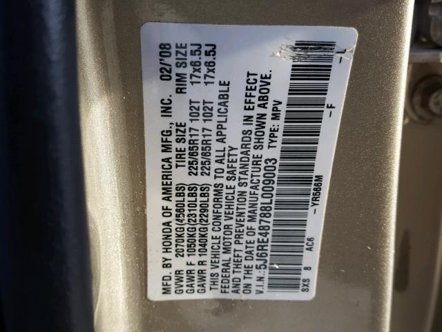 5J6RE48788L009003 - 2008 HONDA CR-V EXL GOLD photo 10