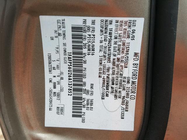 1FAFP56U26A137852 - 2006 FORD TAURUS SEL BEIGE photo 10