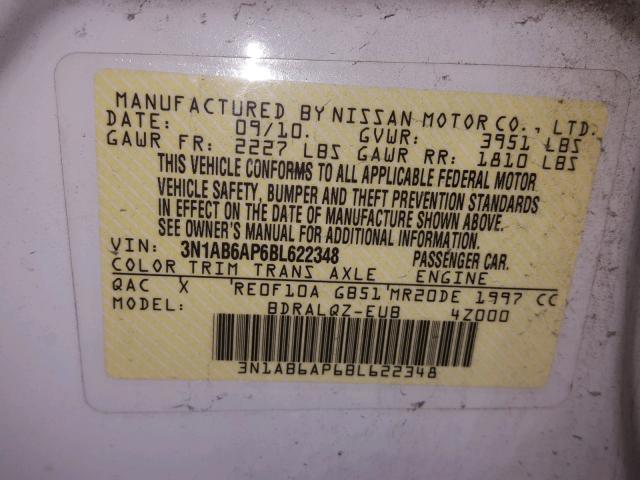 3N1AB6AP6BL622348 - 2011 NISSAN SENTRA 2.0 WHITE photo 10