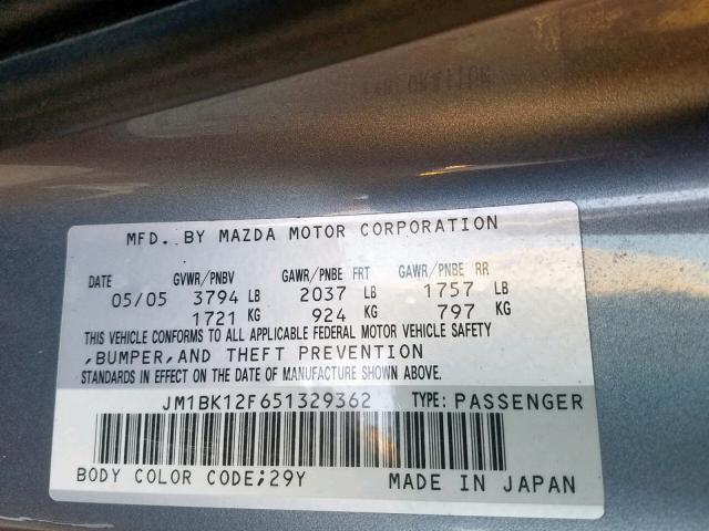 JM1BK12F651329362 - 2005 MAZDA 3 I GRAY photo 10