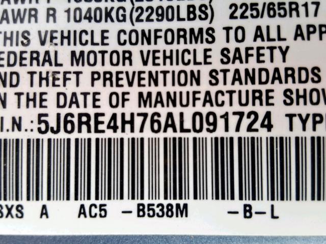 5J6RE4H76AL091724 - 2010 HONDA CR-V EXL BLUE photo 10