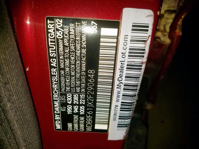 WDBRF61JX2F290648 - 2002 MERCEDES-BENZ C 240 RED photo 10