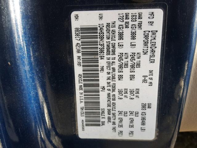 1D4HS38N13F506164 - 2003 DODGE DURANGO SP BLUE photo 10