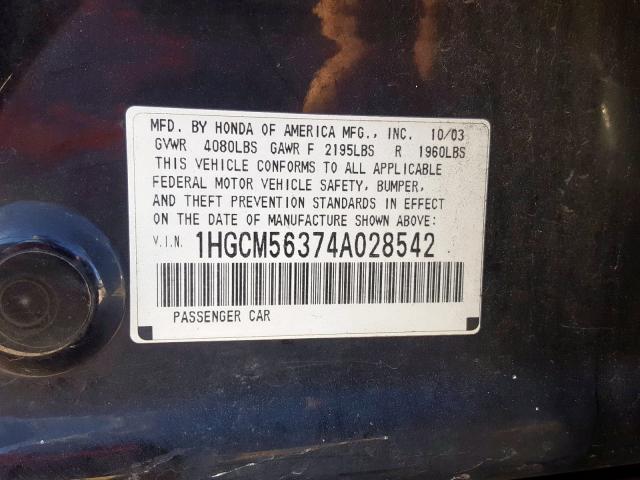 1HGCM56374A028542 - 2004 HONDA ACCORD LX BLACK photo 10