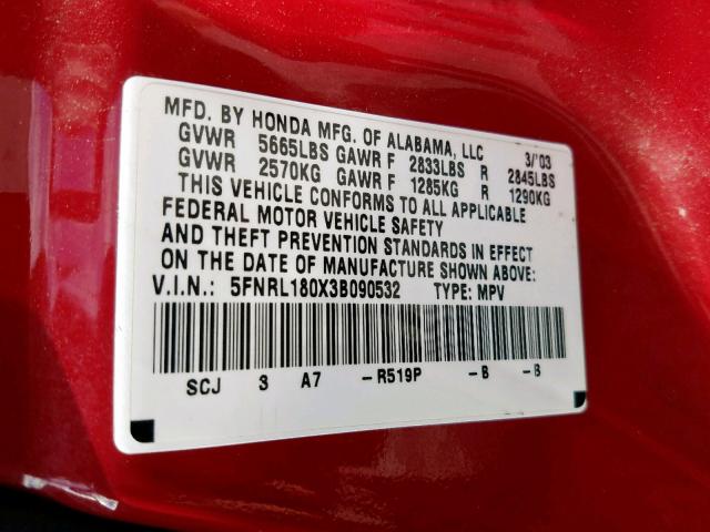 5FNRL180X3B090532 - 2003 HONDA ODYSSEY EX RED photo 10