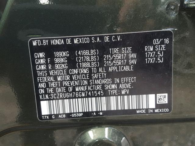 3CZRU6H76GM741545 - 2016 HONDA HR-V EXL GREEN photo 10